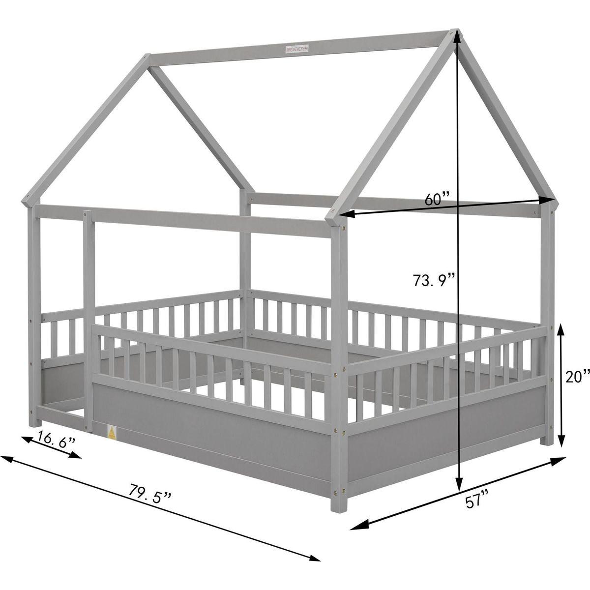 Full Size Floor Wooden Bed with House Roof Frame, Fence Guardrails,Grey