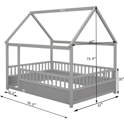 Full Size Floor Wooden Bed with House Roof Frame, Fence Guardrails,Grey