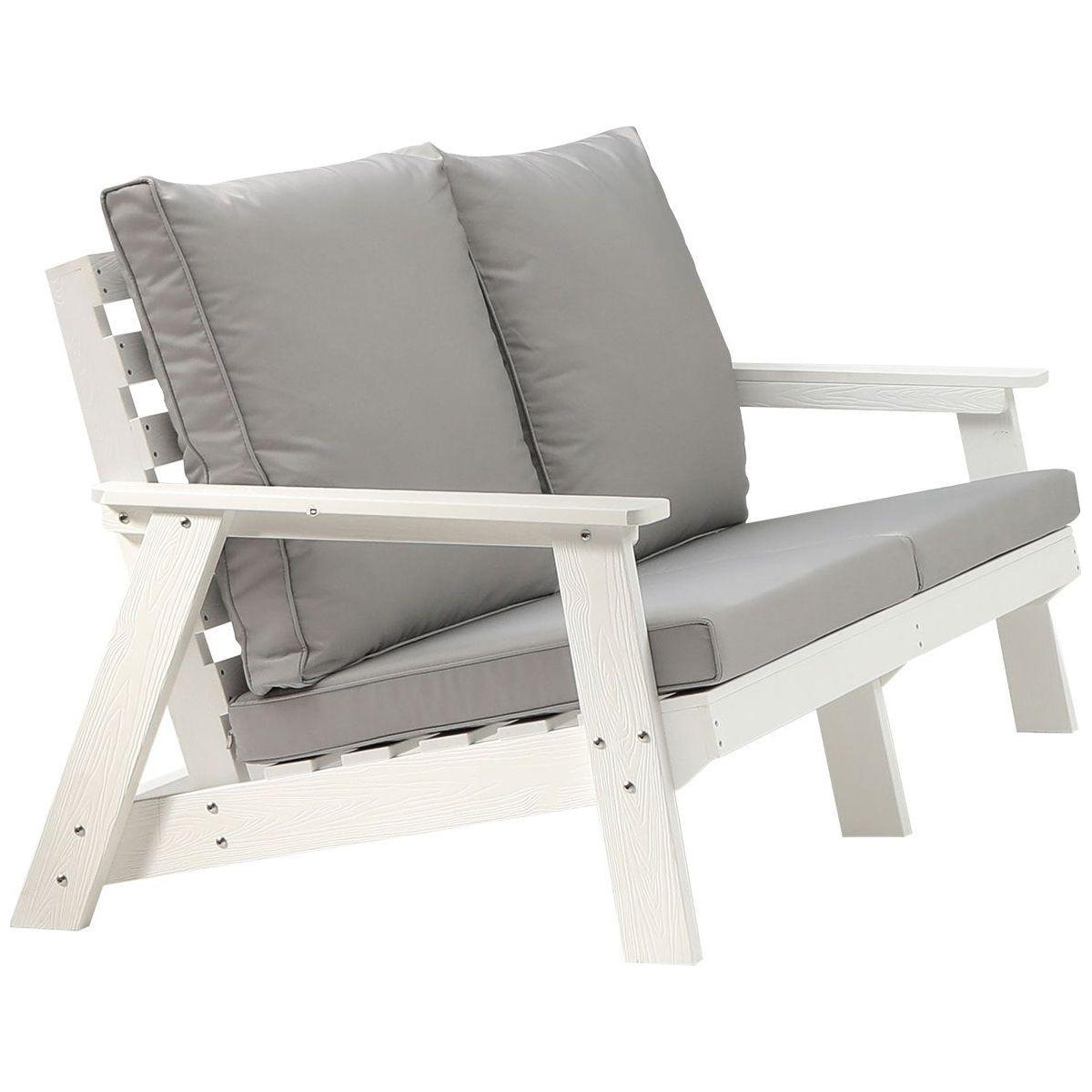 HIPS Loveseat with Cushion, Wood Grain Outdoor Garden Sofa,White/Grey