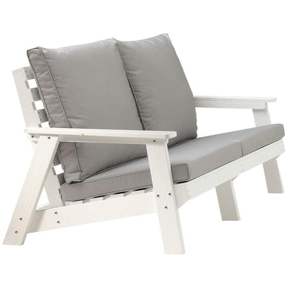 HIPS Loveseat with Cushion, Wood Grain Outdoor Garden Sofa,White/Grey