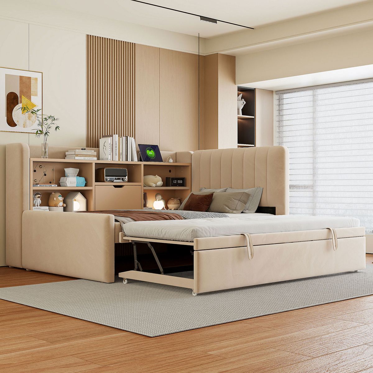 Twin Size Upholstered Daybed with Trundle, Storage Shelves, USB & Outlet (Beige)