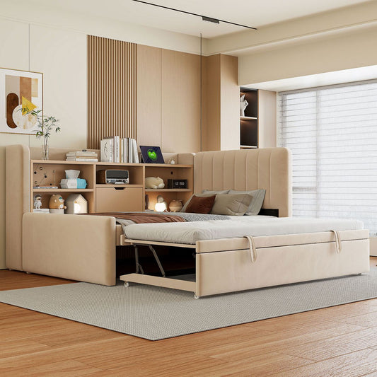 Twin Size Upholstered Daybed with Trundle, Storage Shelves, USB & Outlet (Beige)