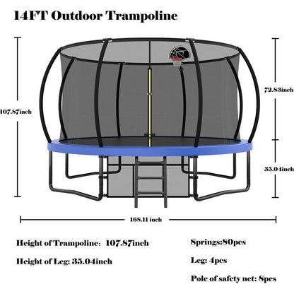 14FT Trampoline with Enclosure - Recreational Trampolines with Ladder and AntiRust Coating, ASTM Approval Outdoor Trampoline for Kids