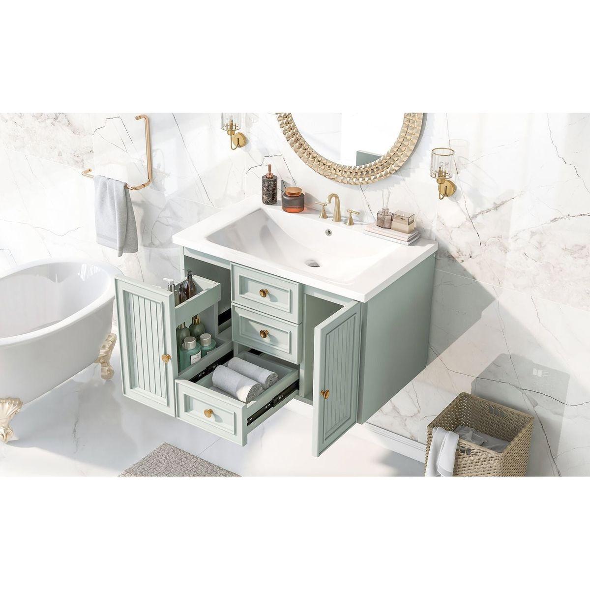 30" Wall Mounted Bathroom Vanity with Sink Combo, Functional Drawer, Solid Wood & MDF Board & Ceramic, Green