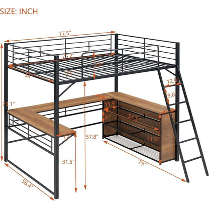 Full Size Metal Loft Bed with 3 Layers of Shelves and L-shaped Desk, Black