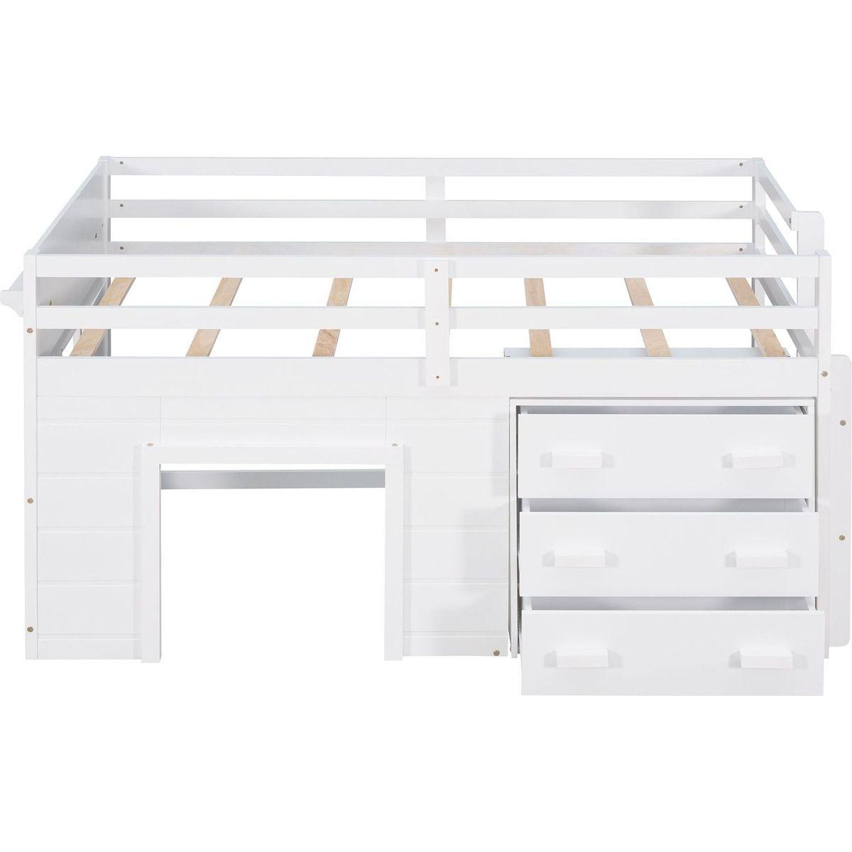 Twin Size Loft Bed with Cabinet and Shelf - White