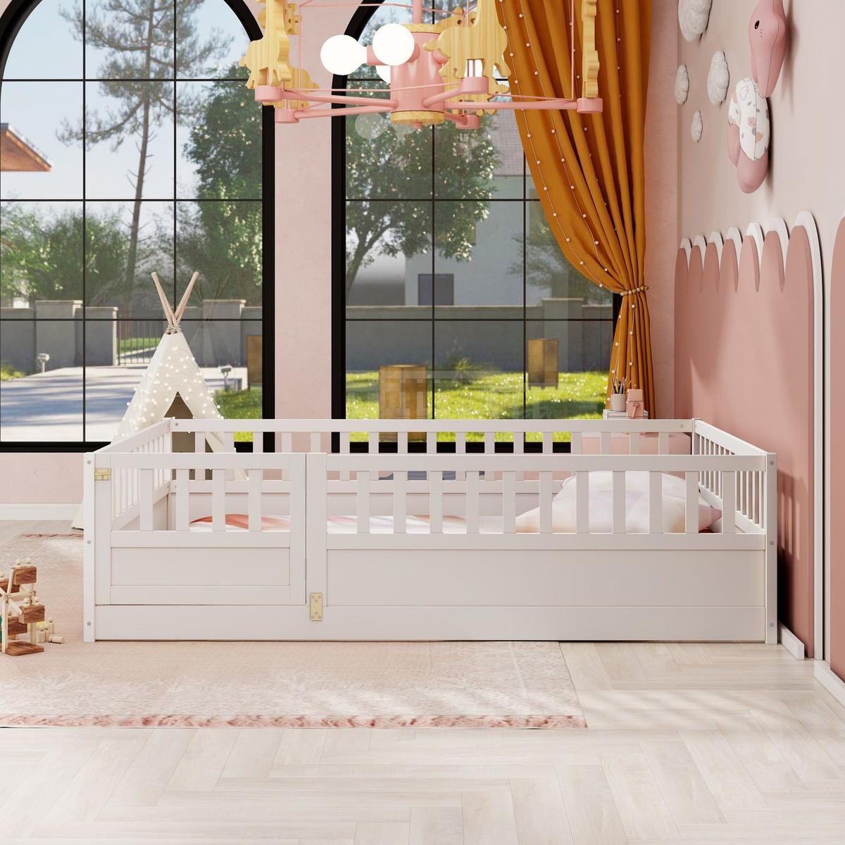 Full size Floor bed, integral construction with super high security barrier, door, children's floor bed frame, Montessori wooden children's floor bed, white - Streamdale Furniture