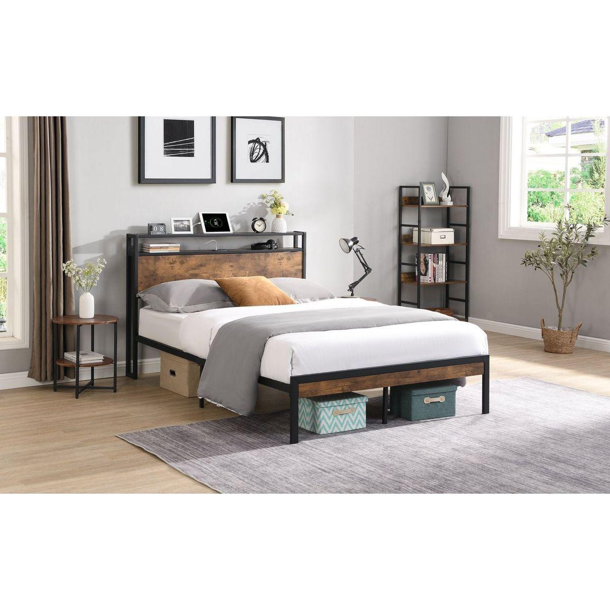 King Size Metal Platform Bed Frame with Wooden Headboard and Footboard with USB LINER, No Box Spring Needed, Large Under Bed Storage, Easy Assemble