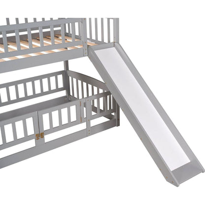 Bunk Bed with Slide,Twin Over Twin Low Bunk Bed with Fence and Ladder for Toddler Kids Teens Grey