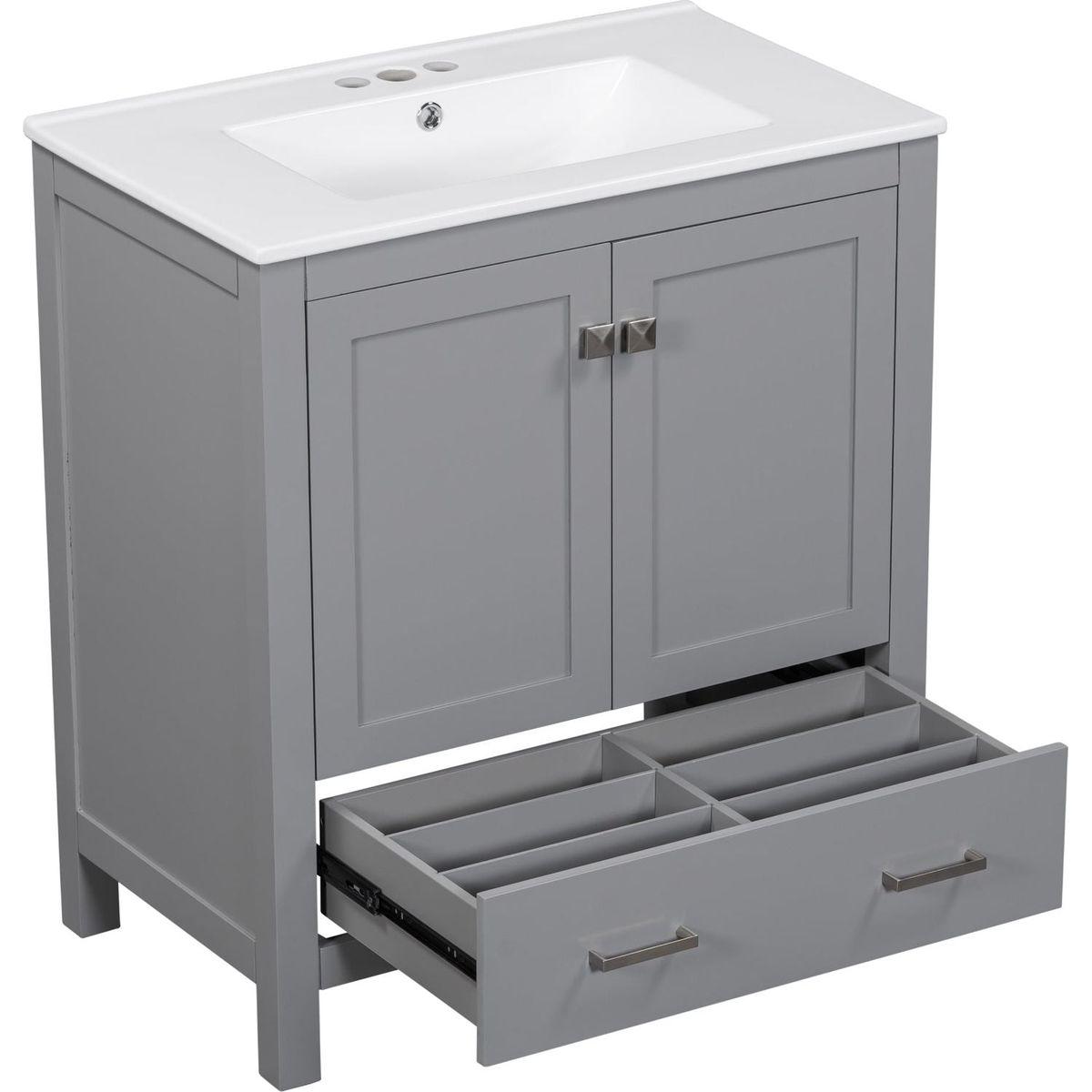 30" Gray Bathroom Vanity with Single Sink, Combo Cabinet Undermount Sink, Bathroom Storage Cabinet with 2 Doors and a Drawer, Soft Closing, Multifunctional Storage, Solid Wood Frame