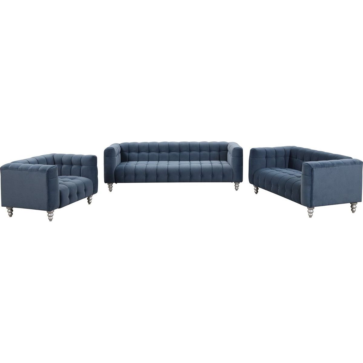 Modern 3-piece sofa set with solid wood legs, buttoned tufted backrest, Dutch fleece upholstered sofa set including three-seater sofa, double seat and living room furniture set single chair, blue