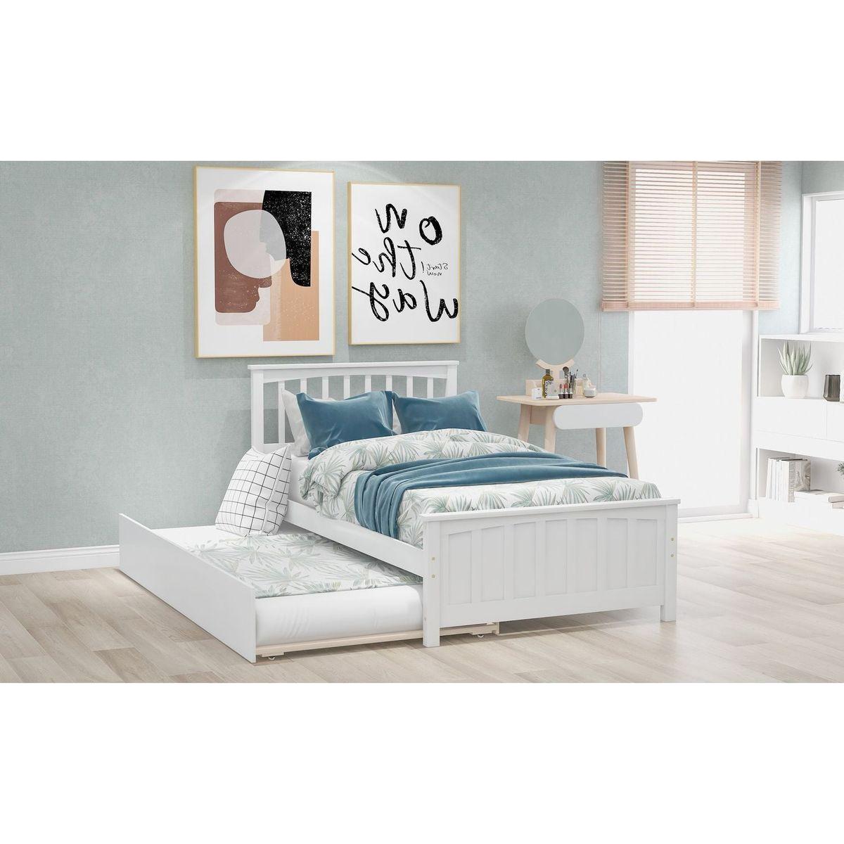 Twin size Platform Bed with Trundle, White