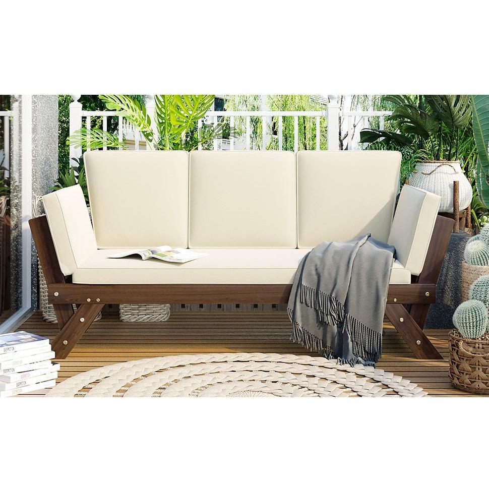 Outdoor Adjustable Patio Wooden Daybed Sofa Chaise Lounge with Cushions for Small Places, Brown Finish+Beige Cushion