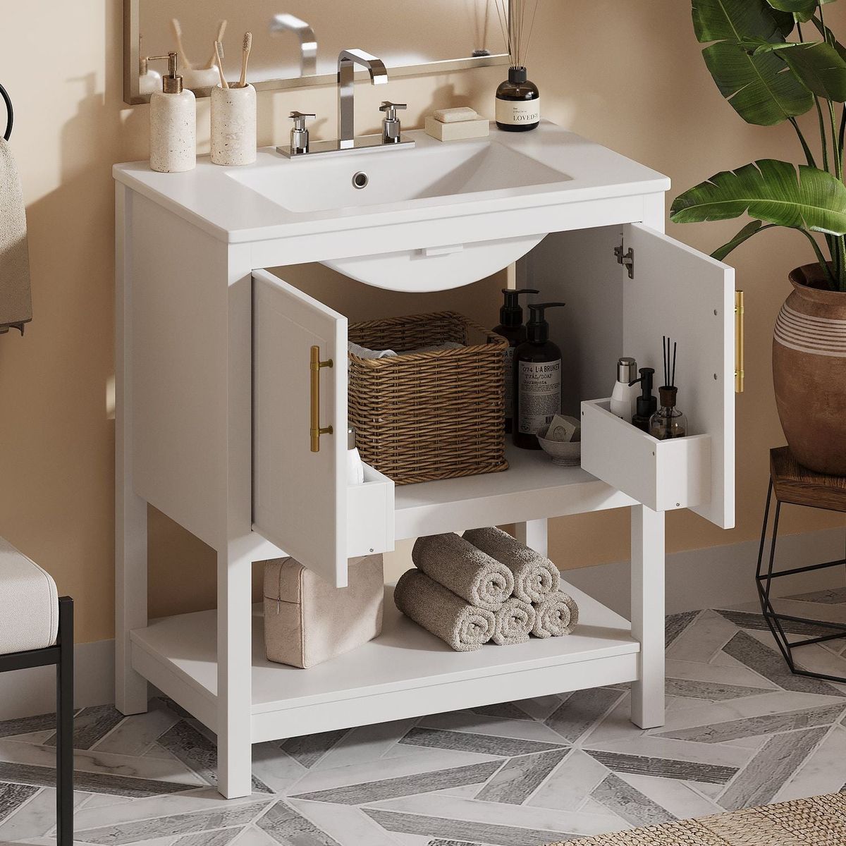 30-Inch White Bathroom Vanity with Ceramic Sink and Versatile Storage - Ideal for Small Bathrooms