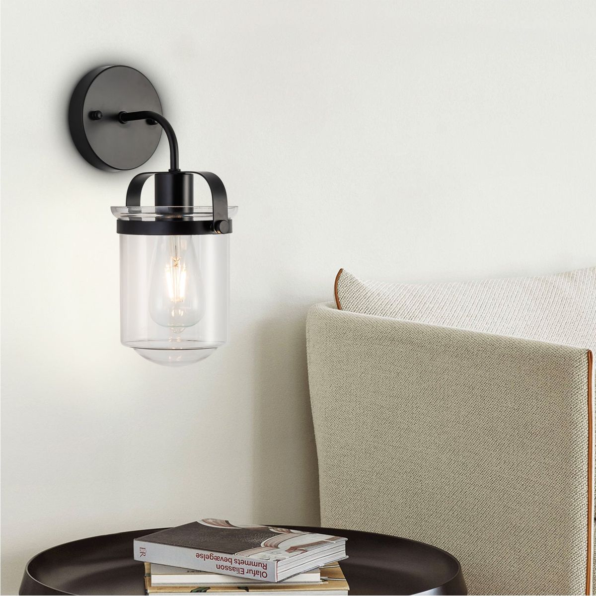 1-Light Wall Lamp with Clear Glass Shade, Modern Wall Sconce, Industrial Indoor Wall Light Fixture for Bathroom Living Room Bedroom Over Kitchen Sink, E26 Socket, Bulbs Not Included