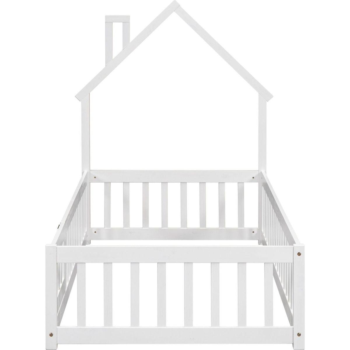 Twin House-Shaped Headboard Floor Bed with Fence,White