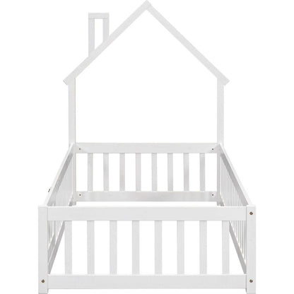 Twin House-Shaped Headboard Floor Bed with Fence,White