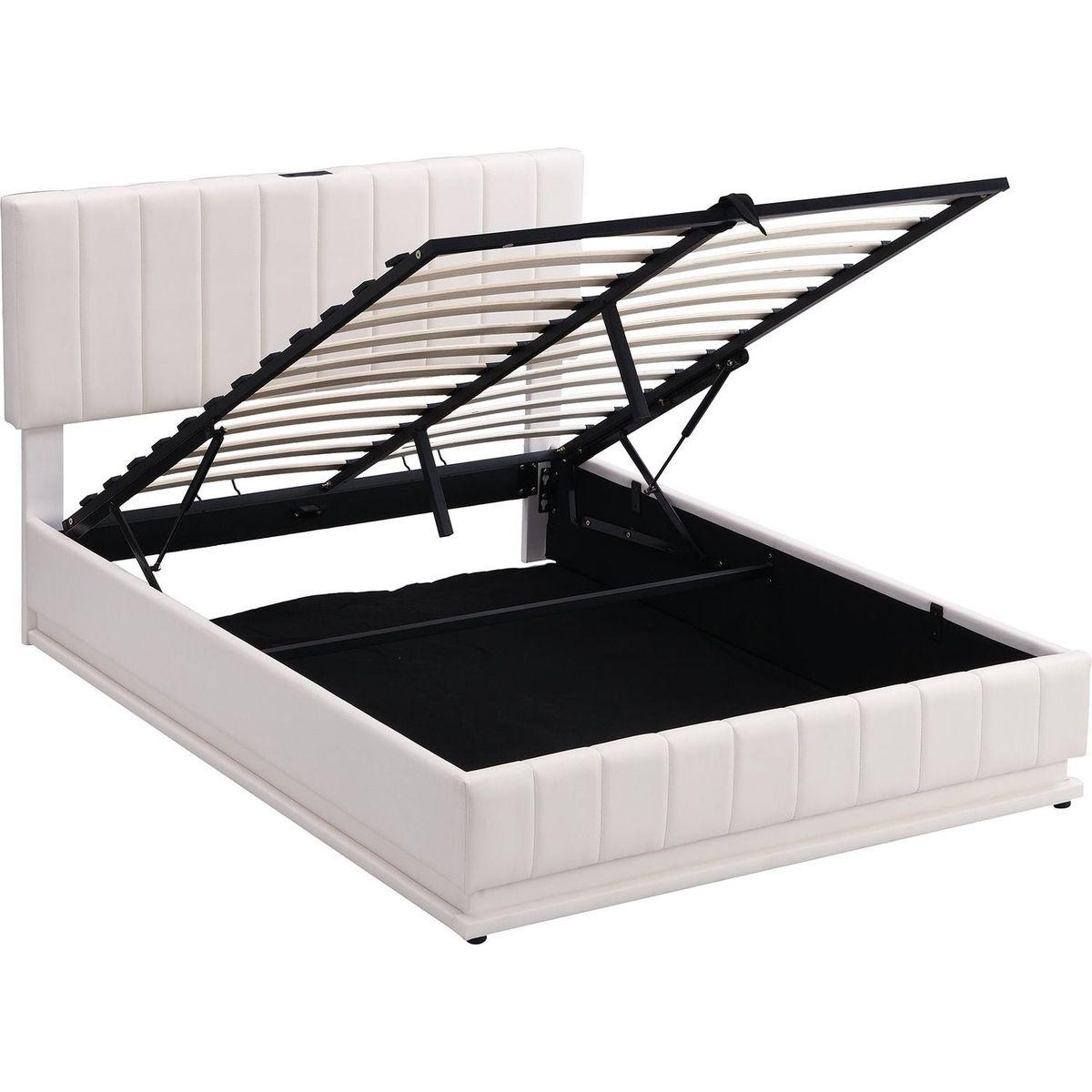 Full Size Upholstered Bed with Hydraulic Storage System and LED Light, Modern Platform Bed with Sockets and USB Ports, White