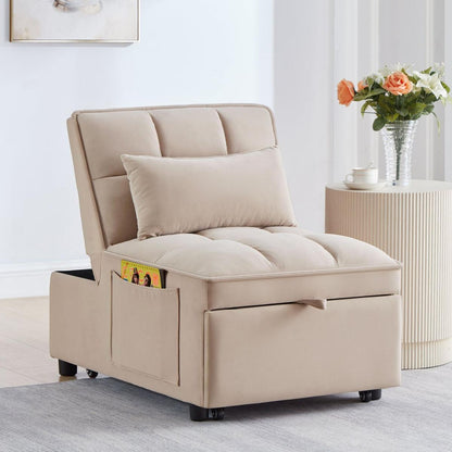 4 in1 Multi-Function Single Sofa Bed with Storage Pockets,Tufted Single Pull-out Sofa Bed with Adjustable Backrest and Pillows, Convertible Chaise Lounge,Taupe