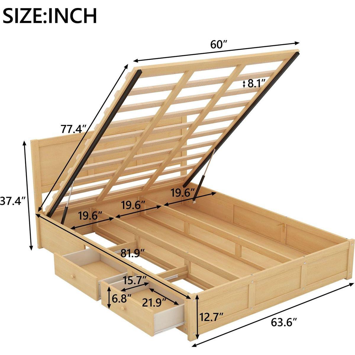 Queen Size Wood Platform Bed with Underneath Storage and 2 Drawers, Wood Color
