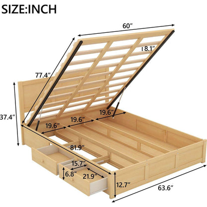 Queen Size Wood Platform Bed with Underneath Storage and 2 Drawers, Wood Color