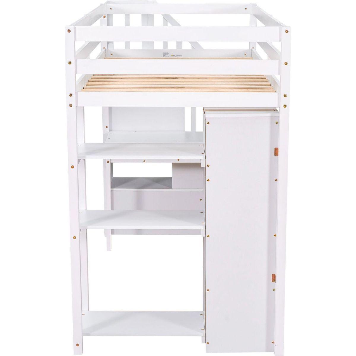 Twin size Loft Bed with Storage Drawers, Desk and Stairs, Wooden Loft Bed with Shelves - White