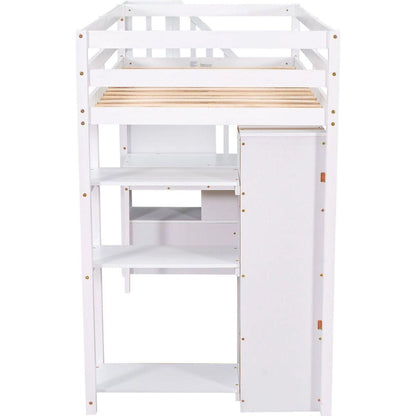 Twin size Loft Bed with Storage Drawers, Desk and Stairs, Wooden Loft Bed with Shelves - White