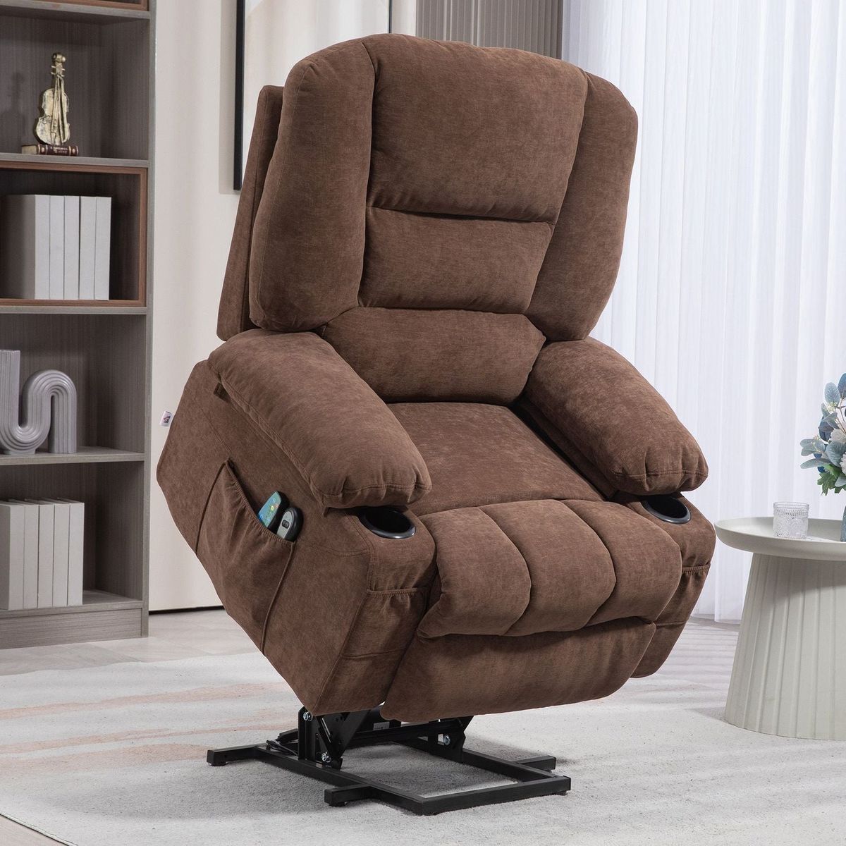 Power Lift Recliner Chair Sofa with Vibration Massage and Heat, Fabric Lift Chair for Elderly, Massage Recliner Chair with Remote Control, Side Pockets, Quick Assembly, Brown