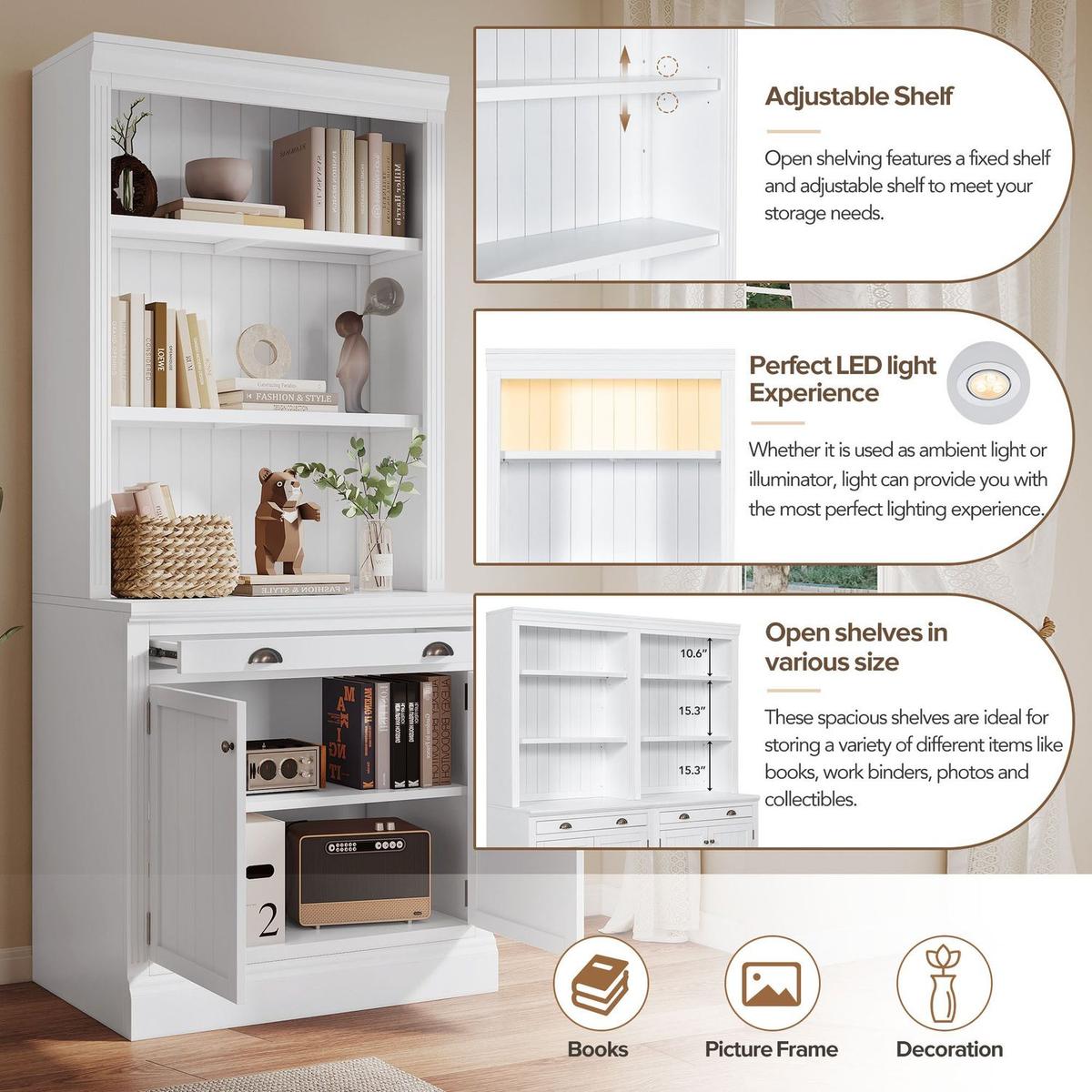 83.4"Tall Bookshelf with LED Lighting, Modern Bookcase with 2 Doors and 1 Drawer,Storage Bookcase with Open Shelves for Living Room,Home Office,White