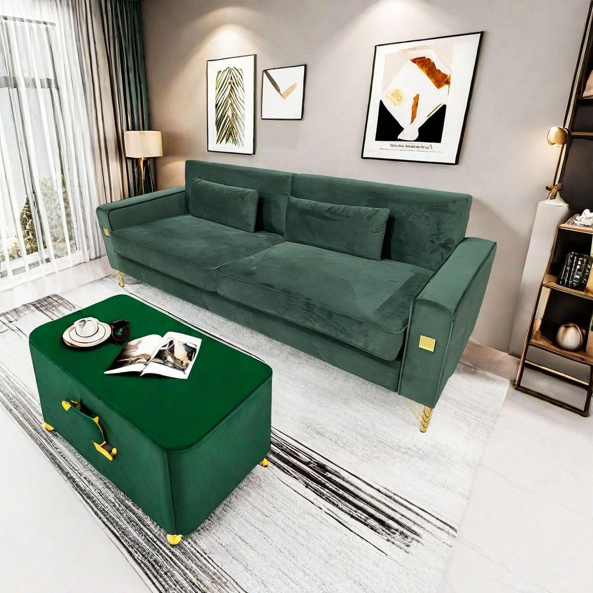 FX-P18-RG2(SOFA) Luxury Emerald Green Velvet Sofa with Gold Accents - Modern 3-Seat Couch with Plush Cushions, Perfect for Living Room and Office Decor
