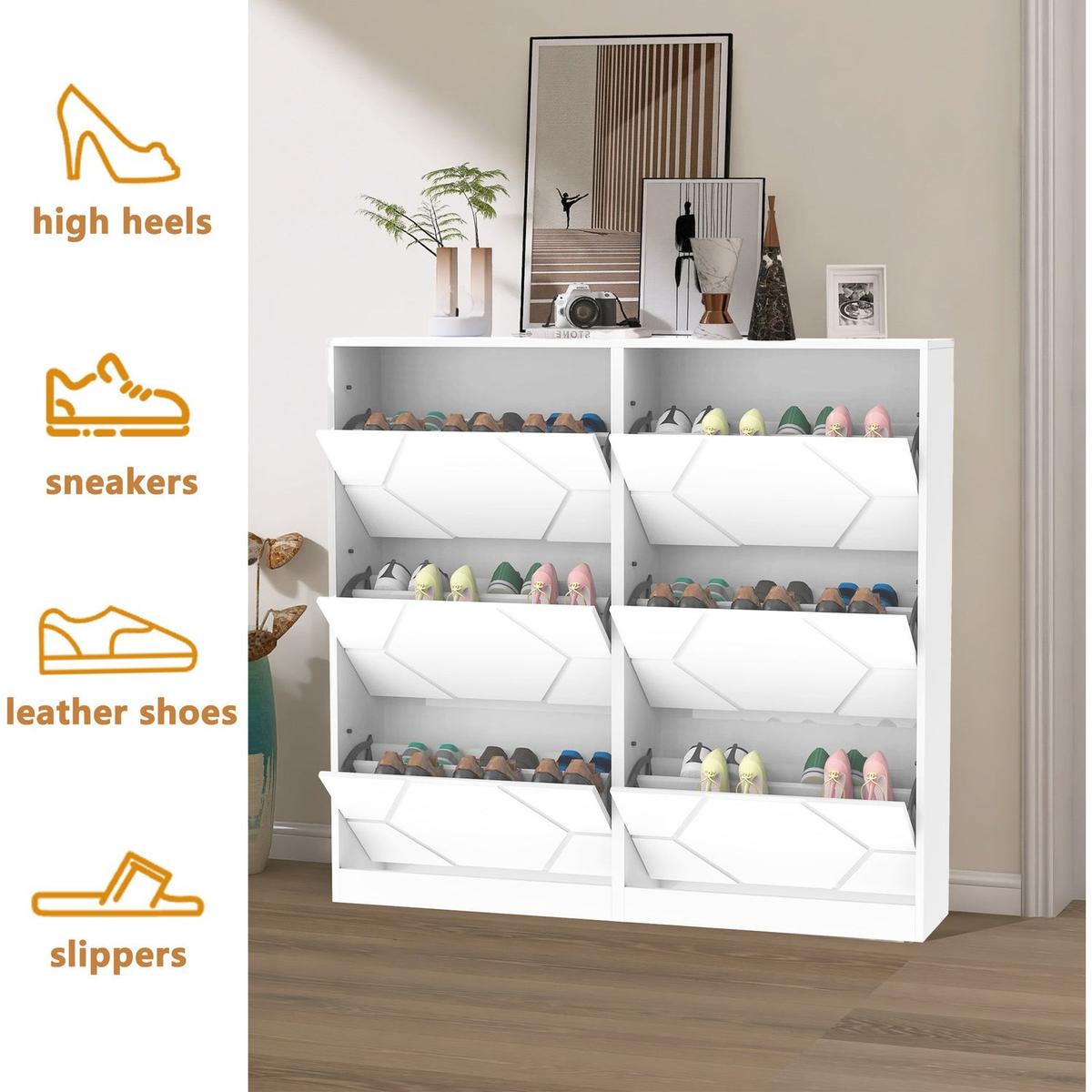Shoe Storage Cabinet for Entryway, 6 Tiers Shoe Organizer with Carved Panels, Carving Shoe Closet,Vertical Shoe Cabinet for Front Door Entrance,Outdoor,Symmetric Design+White Finish
