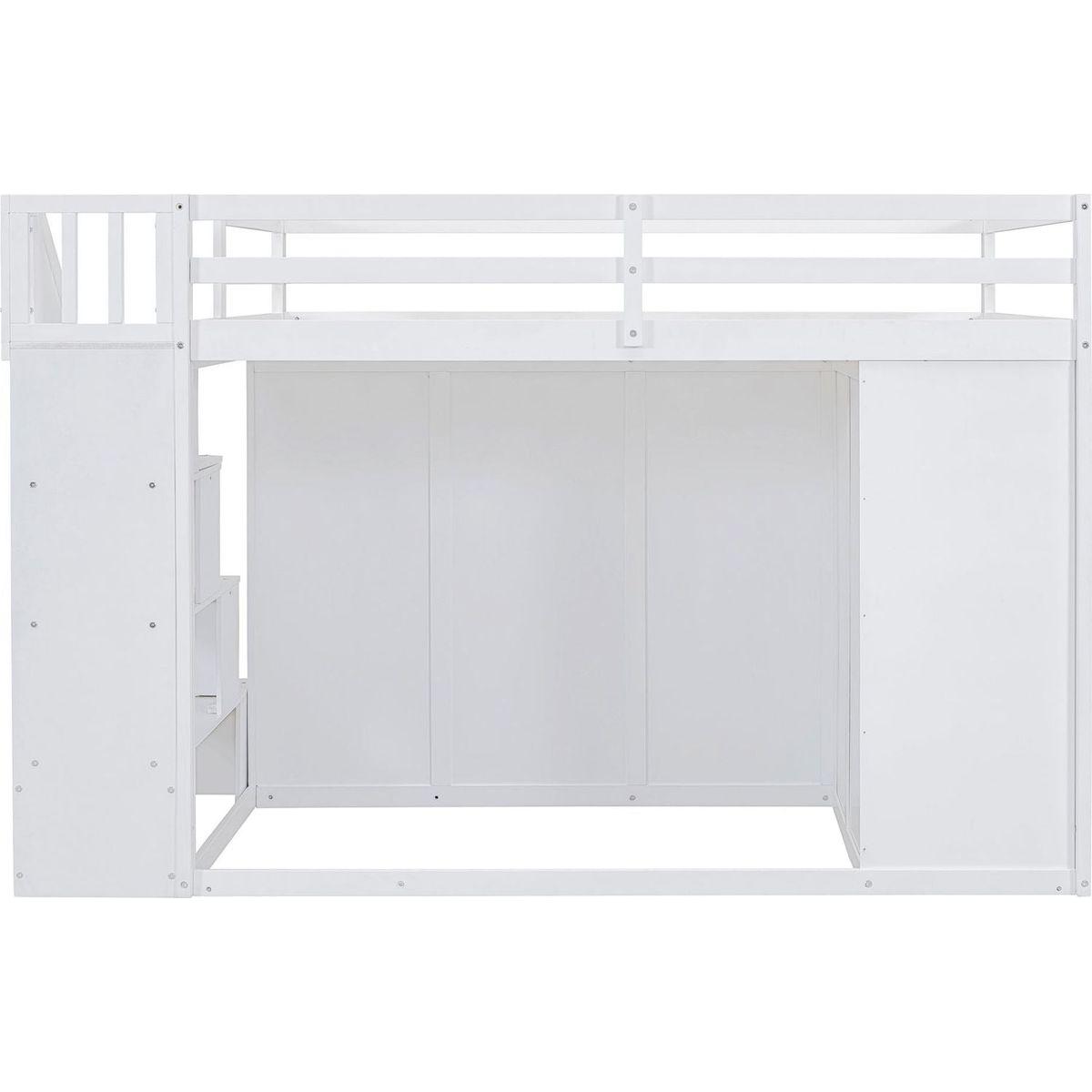 Full Size Wood Loft Bed With Built-in Wardrobes, Cabinets and Drawers, White