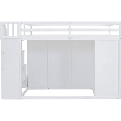 Full Size Wood Loft Bed With Built-in Wardrobes, Cabinets and Drawers, White