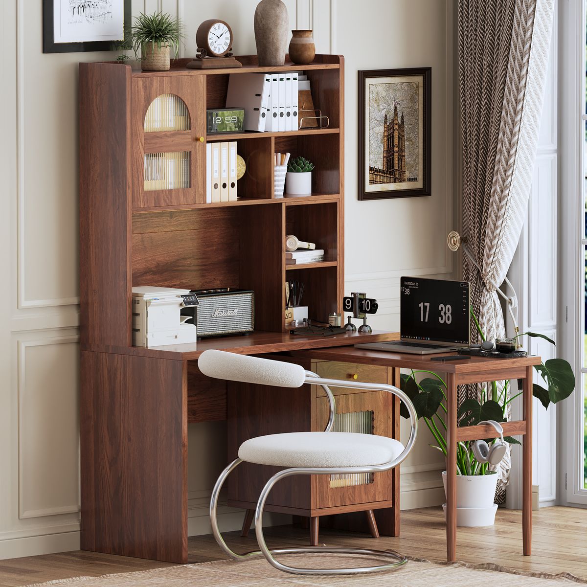 Computer Desk with 90 Degree Rotating Desktop, 43x70 Inch Office Desk with Storage Drawer and Cabinets, Gaming Desk with Shelves, Writing Desk for Study, Work Desk for Home Office Bedroom Living Room