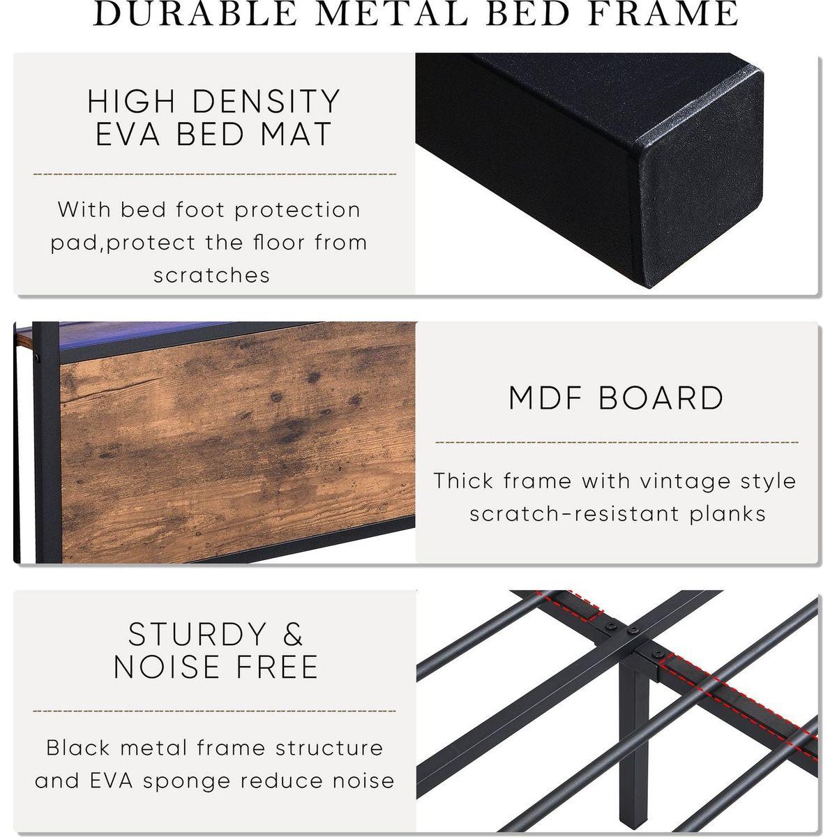 Full Size Bed Frame with Storage Headboard and 2 Drawers, LED Lights Bed with Charging Station, Metal Platform Bed No Noise, Mattress Foundation Strong Metal Slats Support No Box Spring Needed