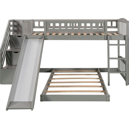 Stairway Twin over Twin Bunk Bed with Two Drawers and Slide, Gray