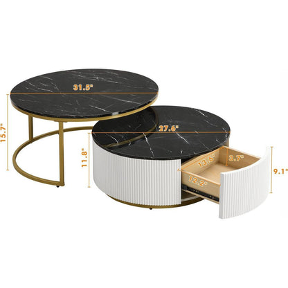 Modern Round Nesting Coffee Table Fluted with Drawer in Black & Gold in 31.5"