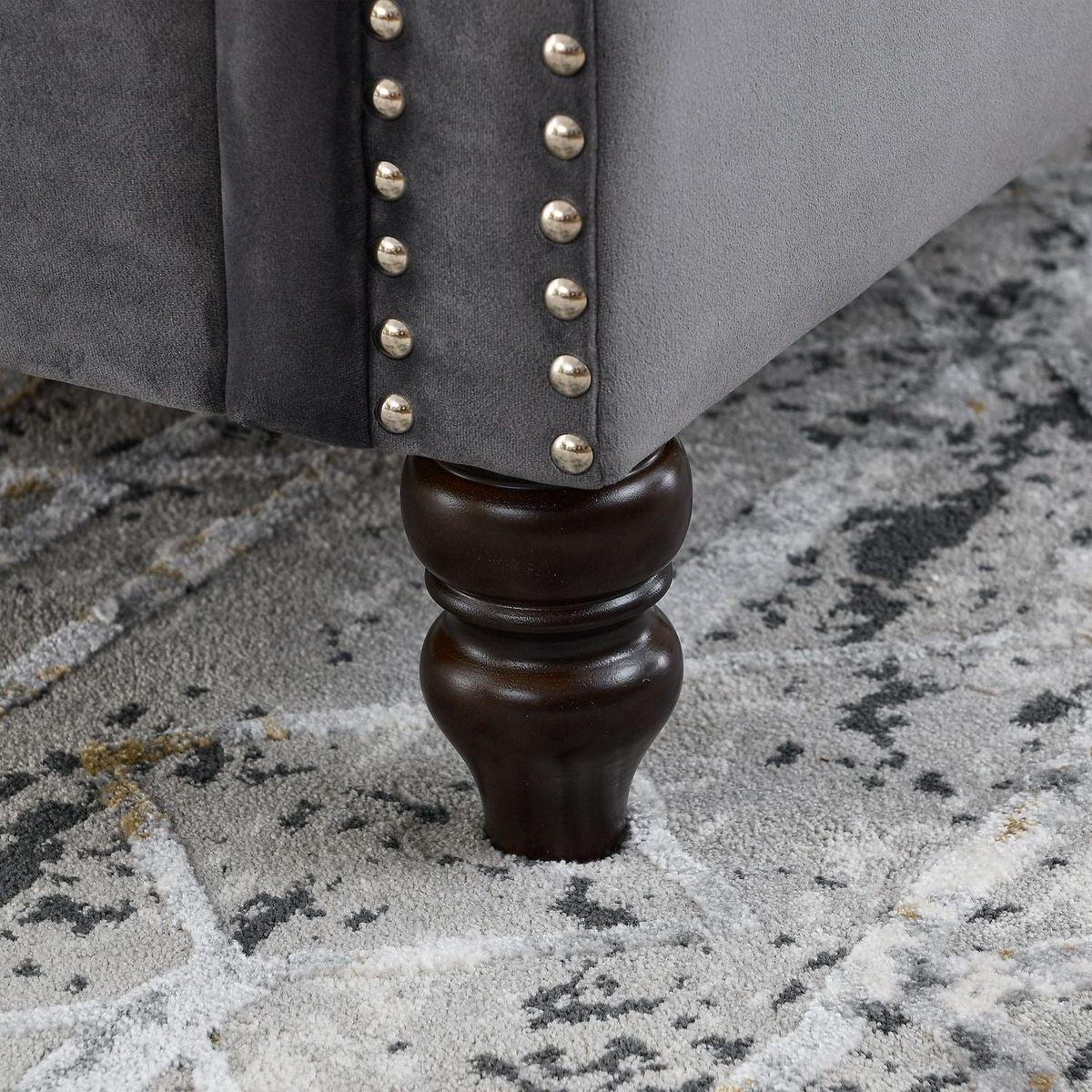 57" Chesterfield Sofa Grey Velvet for Living Room, 2 Seater Sofa Tufted Couch with Rolled Arms and Nailhead for Living Room, Bedroom, Office, Apartment, two pillows