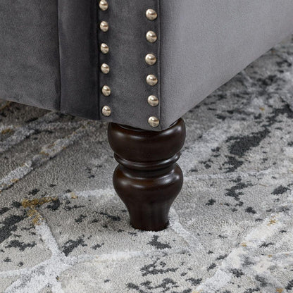 57" Chesterfield Sofa Grey Velvet for Living Room, 2 Seater Sofa Tufted Couch with Rolled Arms and Nailhead for Living Room, Bedroom, Office, Apartment, two pillows