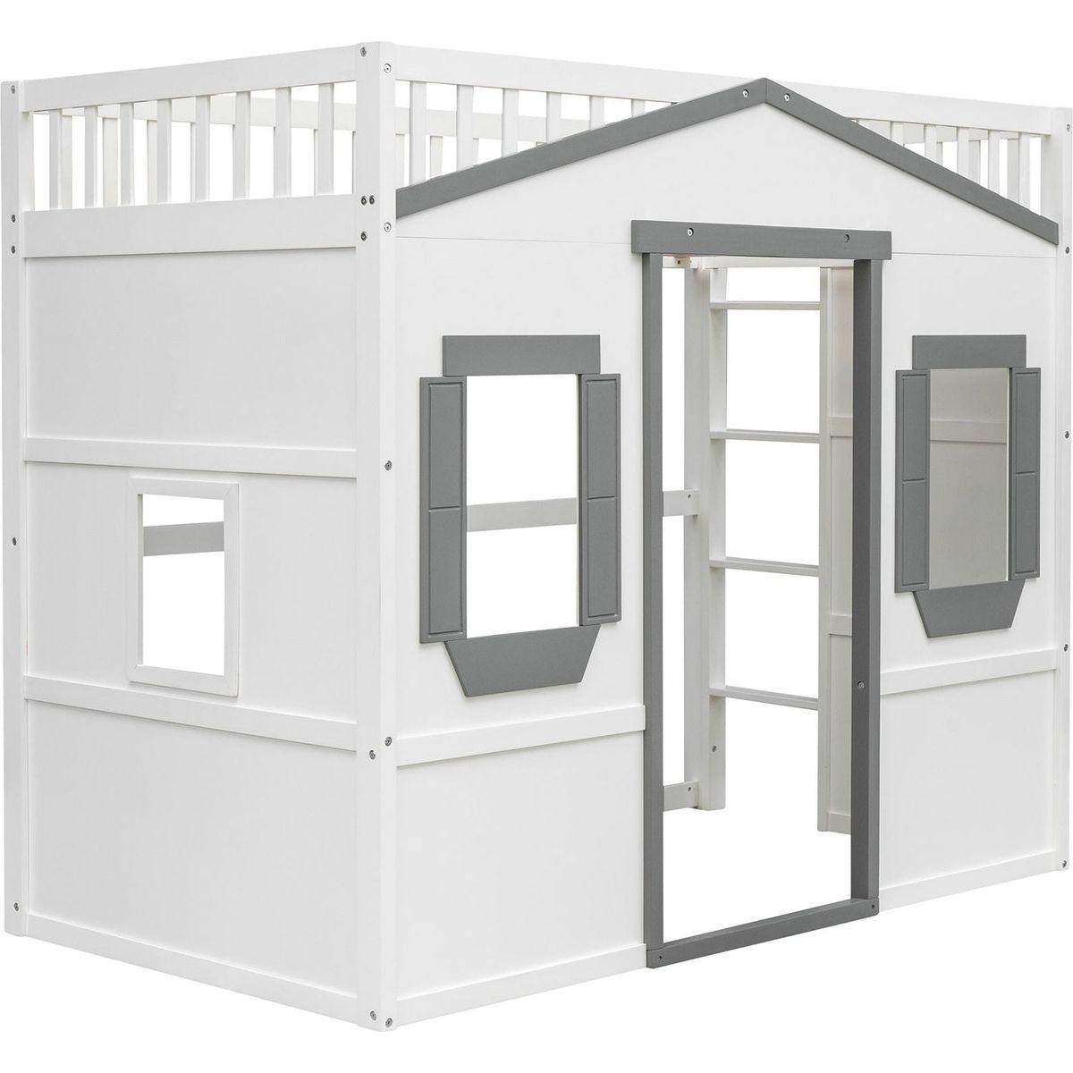 Twin Size House Loft Bed With Ladder-White+Gray Frame