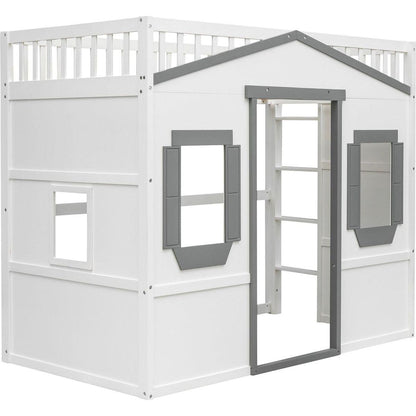 Twin Size House Loft Bed With Ladder-White+Gray Frame