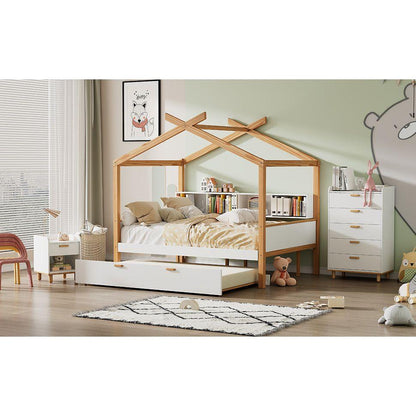 White Twin Size Wooden House Bed with Original Wood Colored Frame Twin Size Trundle and Bookshelf Storage Space for Children or Guest Room