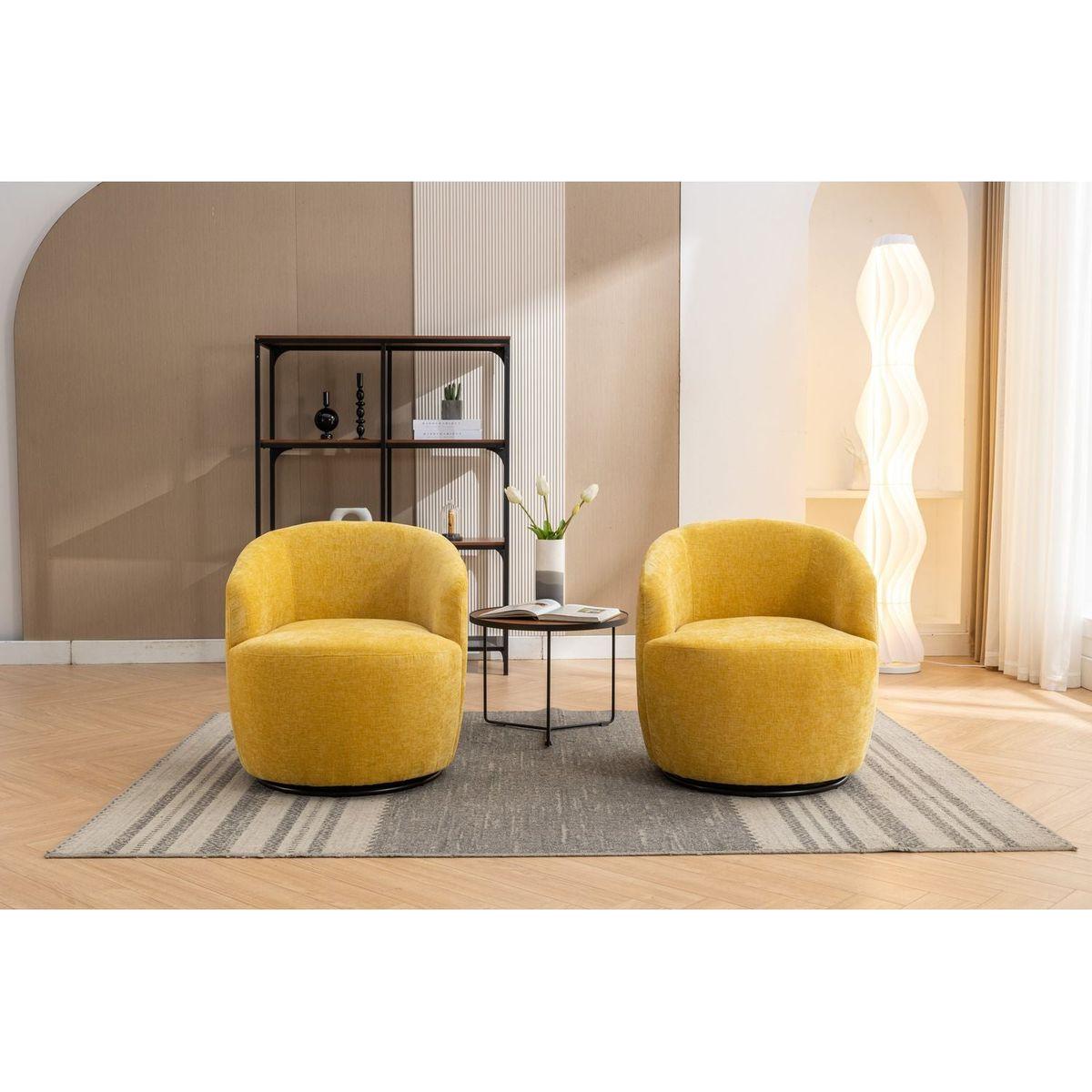 Chenille Fabric Swivel Accent Armchair Barrel Chair With Black Powder Coating Metal Ring,Yellow