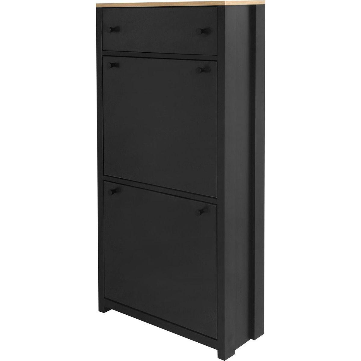 Functional Entryway Organizer with 2 Flip Drawers, Wood Grain Pattern Top Shoe Cabinet with Drawer, Free Standing Shoe Rack with Adjustable Panel for Hallway, Black