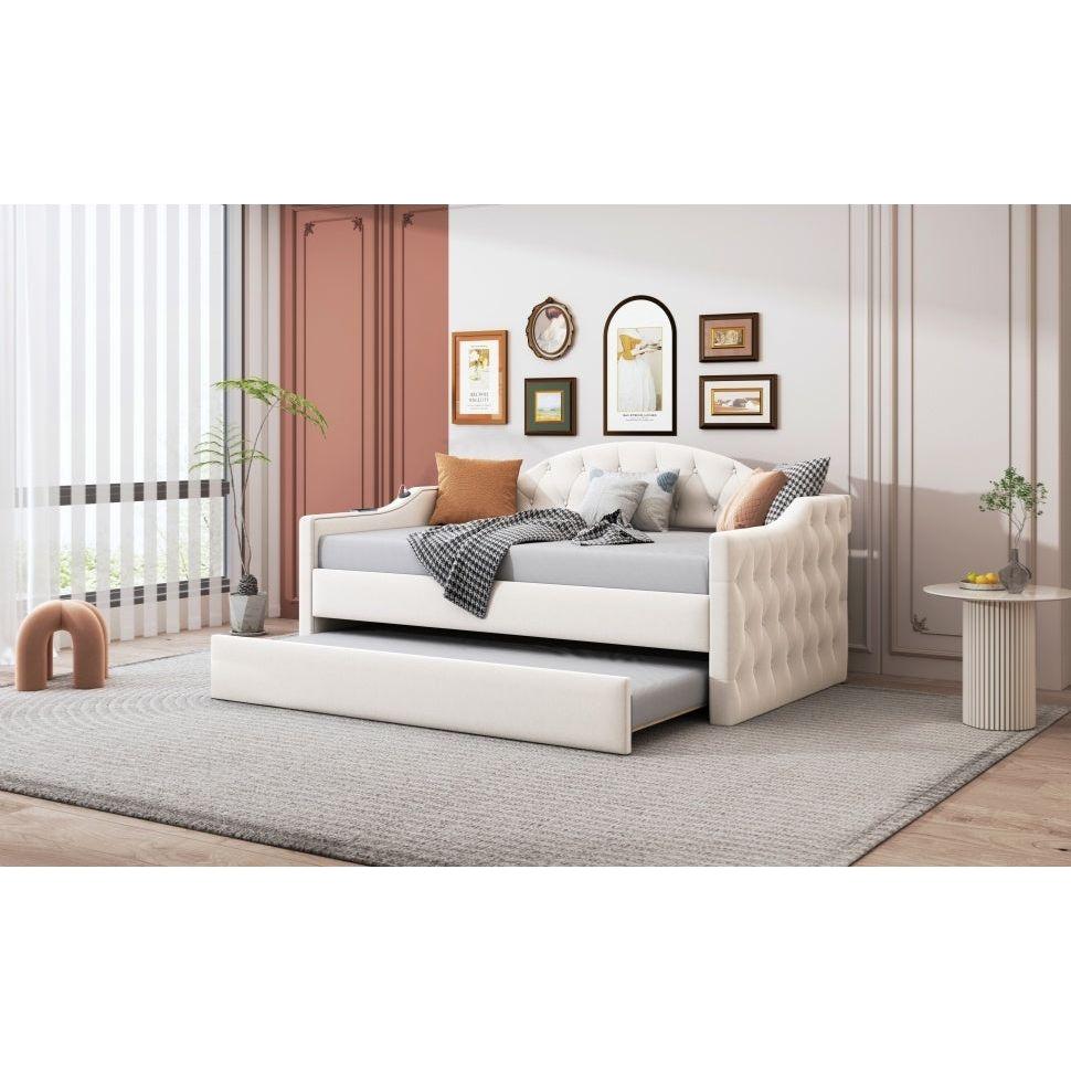 Twin Size Tufted Upholstered Daybed with Trundle, Velvet Sofabed with USB&Type-C Charging Ports,No Box-spring Needed, Beige