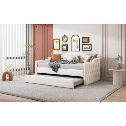 Twin Size Tufted Upholstered Daybed with Trundle, Velvet Sofabed with USB&Type-C Charging Ports,No Box-spring Needed, Beige