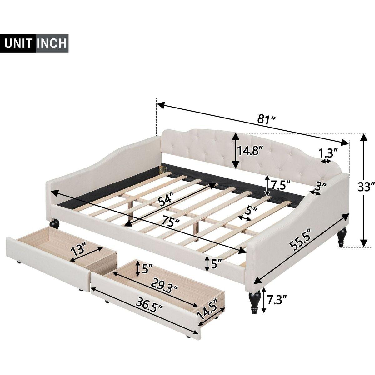 Full Size Upholstered Tufted Daybed with Two Drawers, Beige