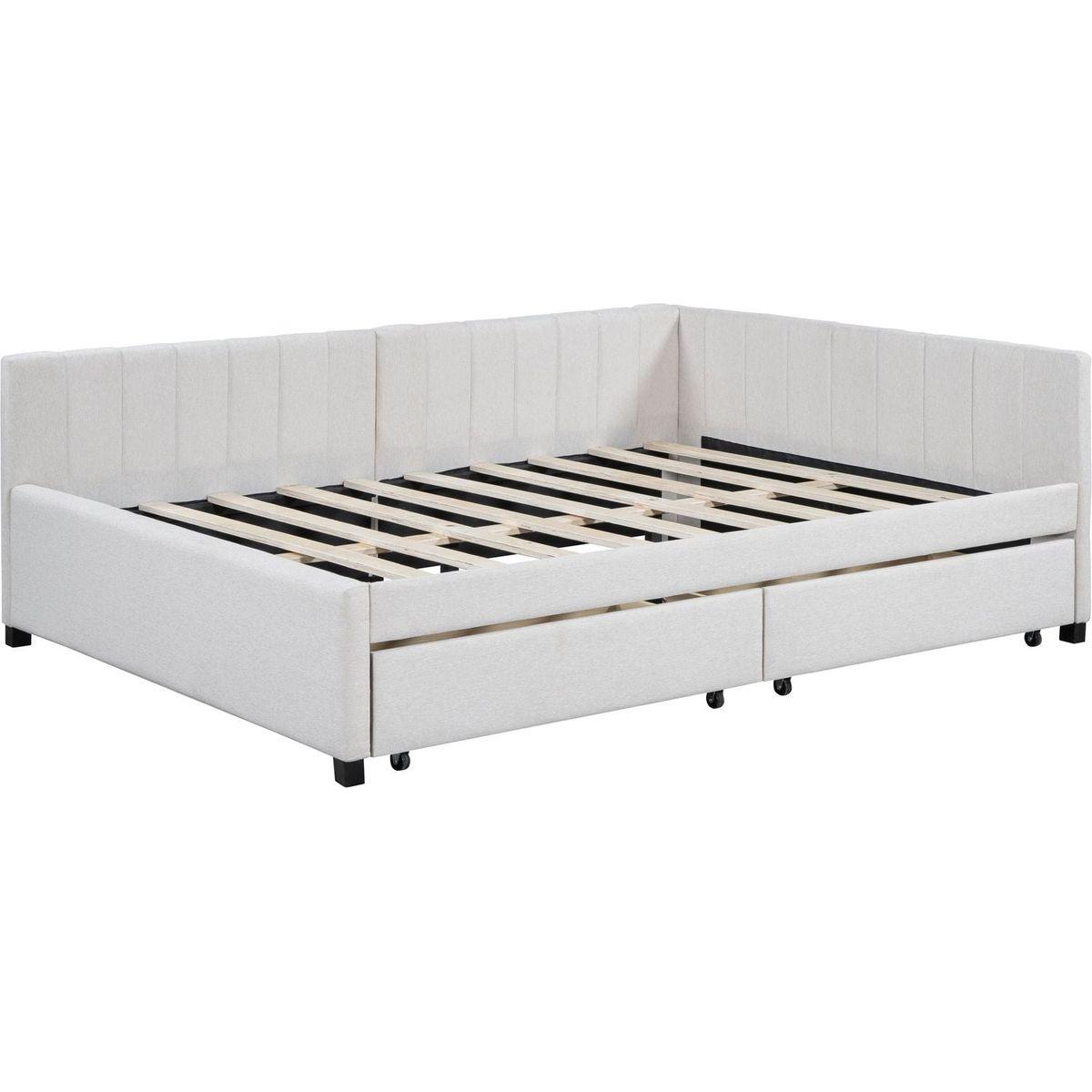 Full Size Upholstered Daybed with 2 Storage Drawers Sofa Bed Frame No Box Spring Needed, Linen Fabric (Beige)