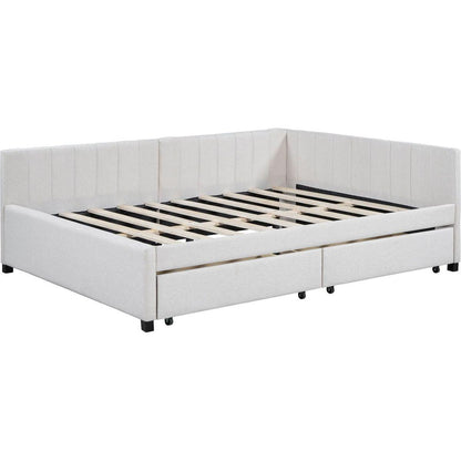 Full Size Upholstered Daybed with 2 Storage Drawers Sofa Bed Frame No Box Spring Needed, Linen Fabric (Beige)