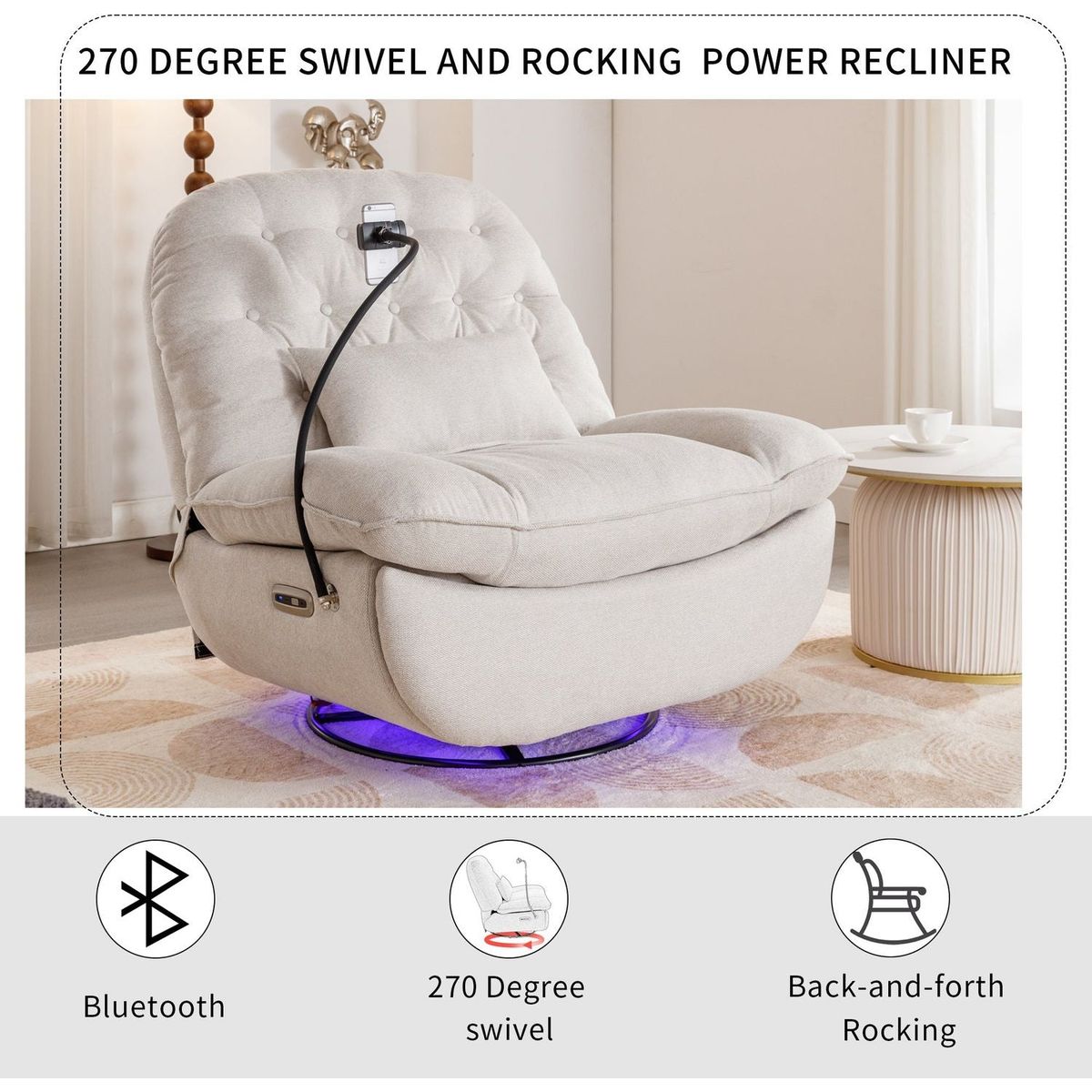 270 Degree Swivel Power Recliner with Voice Control, Bluetooth Music Player,USB Ports, Atmosphere Lamp, Hidden Arm Storage and Mobile Phone Holder for Living Room, Bedroom, Apartment, Beige